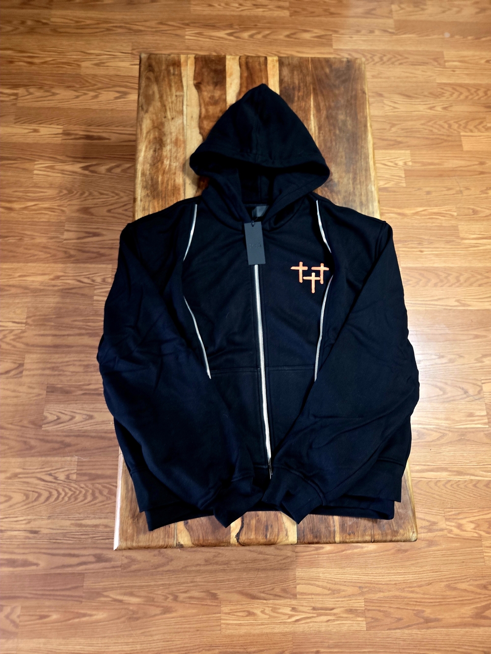 RtA Men's Black "Ren Planetary" Layered Double Zip-Up Hoodie. Size Large
